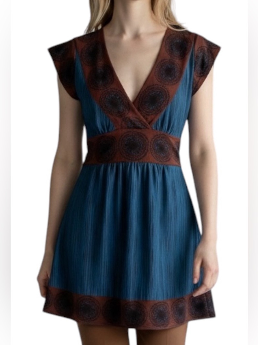 BCBGMaxAzria Teal Brown Belted Top Size XS CottageCore Y2K